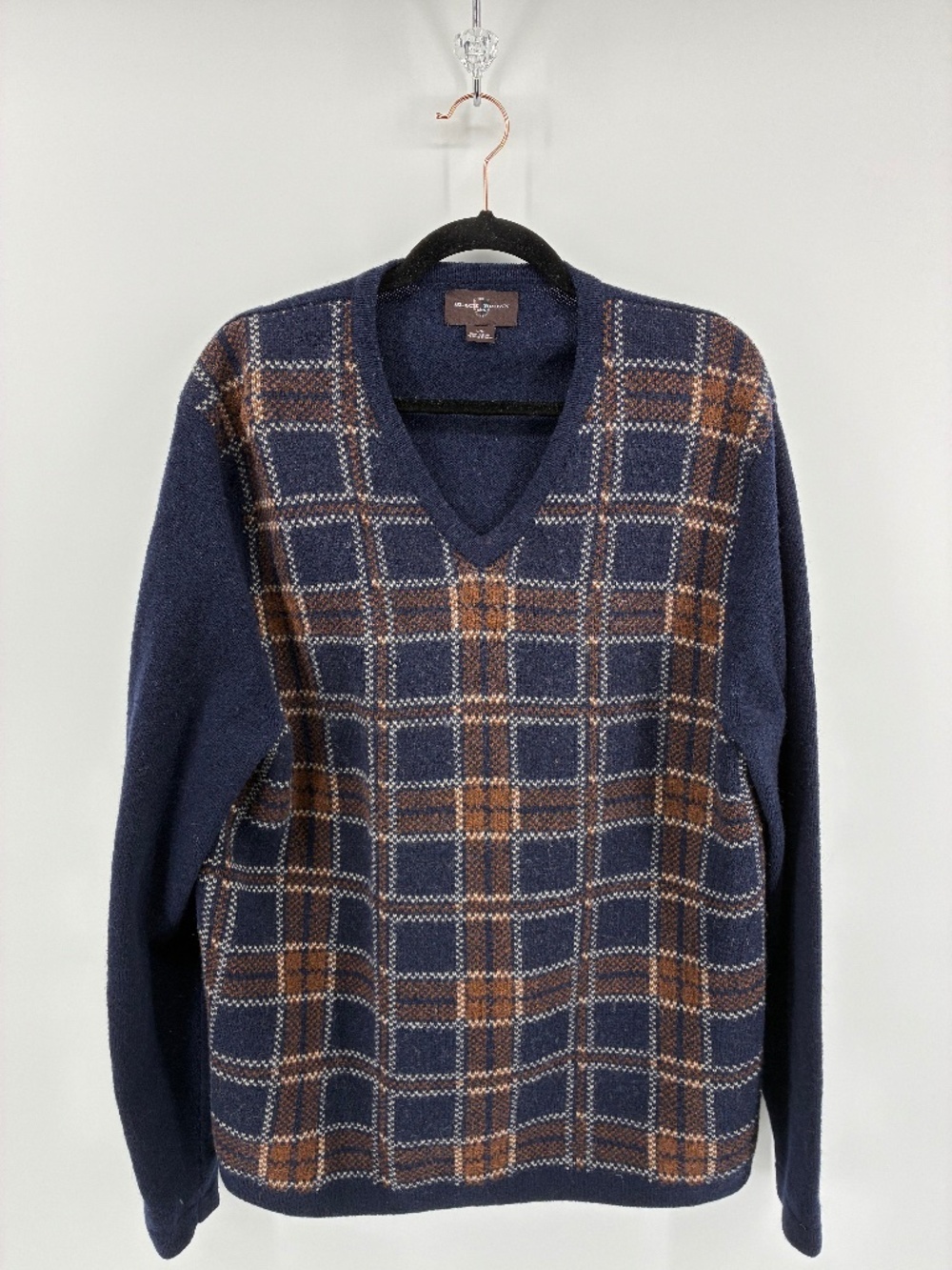 Black Brown 1826 100% Lambswool Men's Navy and Brown Plaid V-Neck Sweater